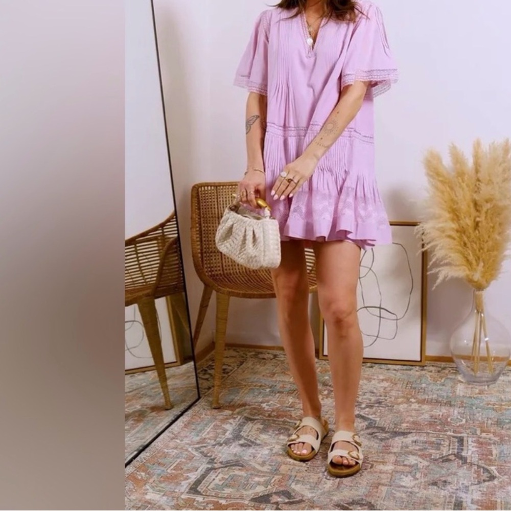 Maeve Short Sleeve V-Neck Pintuck Swing Tunic Dress, Lilac, Sz XL